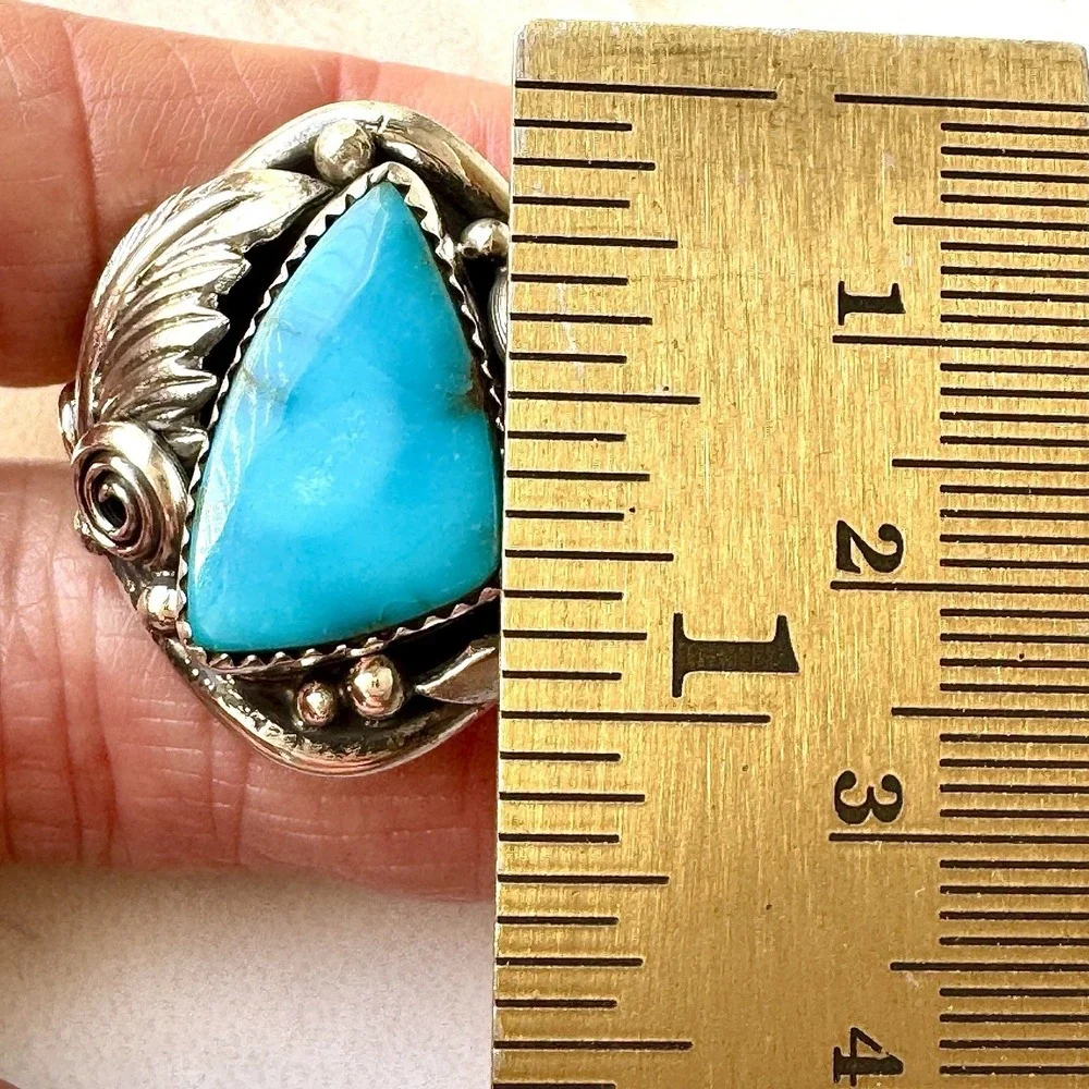 Navajo Turquoise Mens Ring Sz 12 Leaf Feather Signed Morgan Sterling Native Amer
